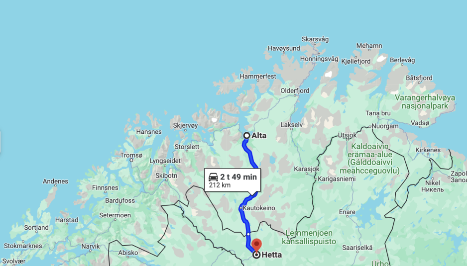 Kart over Troms og Finnmark, samt visse deler av Nord-Finland, Nord-Sverige og Nordvest-Russland. Under Nordic Response skal hærstyrker særlig operere i området mellom Alta i Finnmark og Hetta i finsk Lappland. (Skjermdump fra Google Maps)